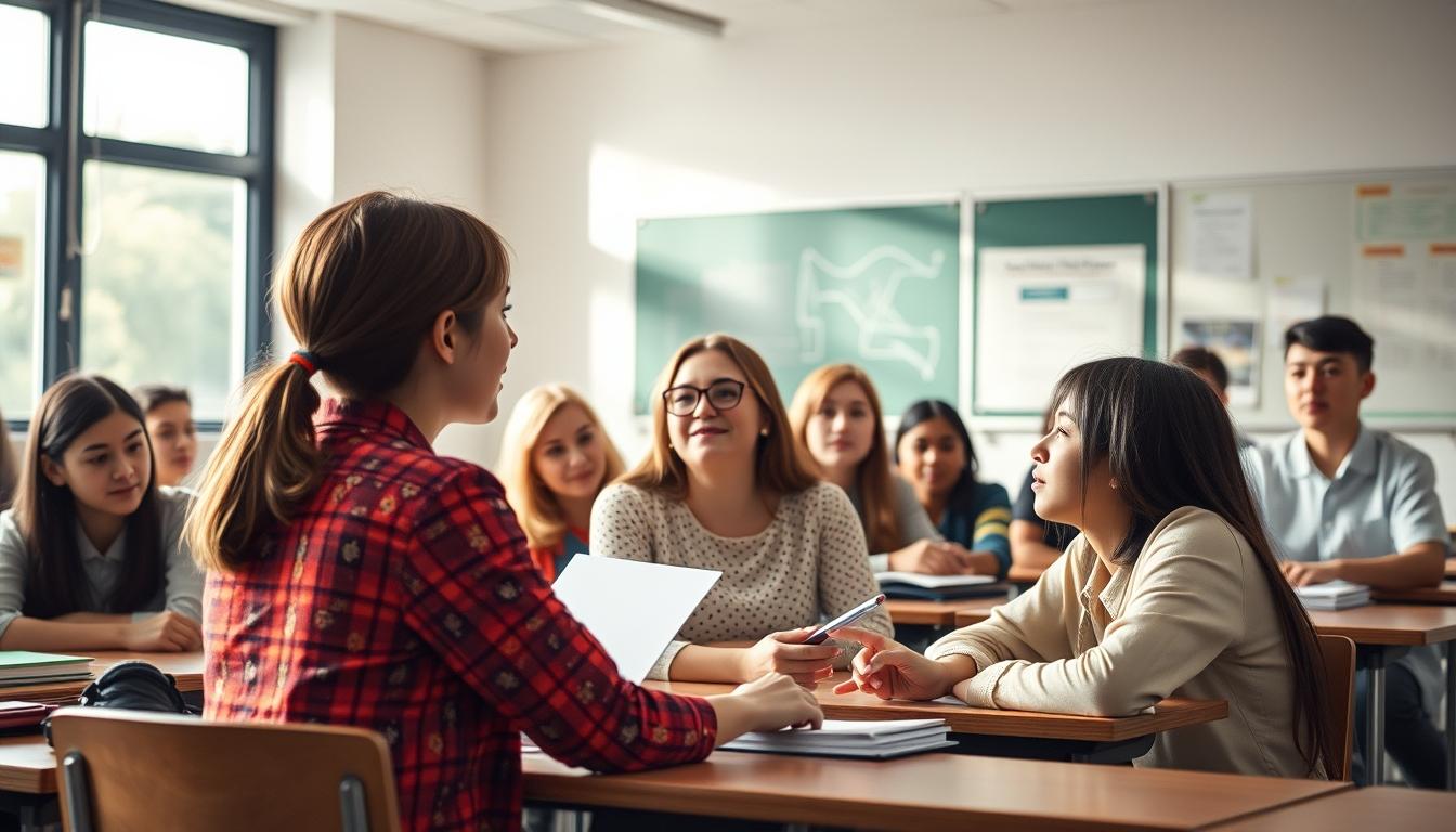 Students studying together in modern classroom